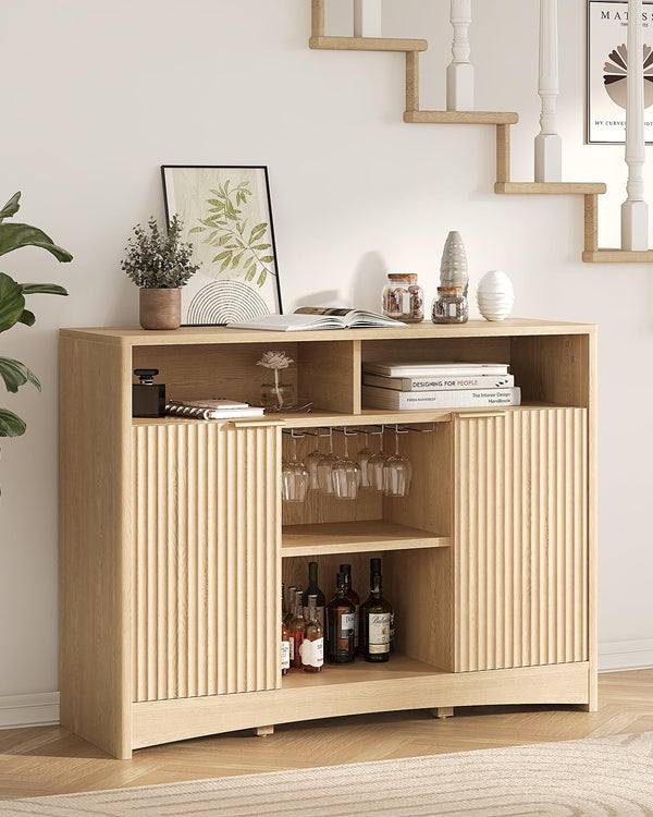 Bar Cabinet with Fluted Doors, Adjustable Shelves & Wine Glass Rack
