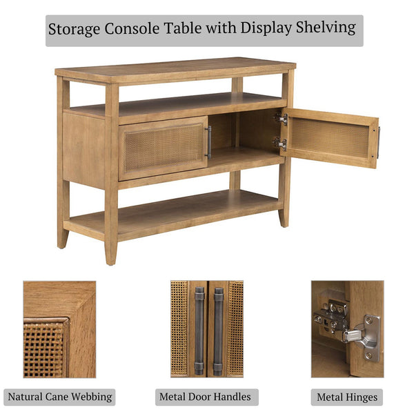 Console Table with Storage Cabinet – Cane Door, Honey Wood Finish, 47.75"W