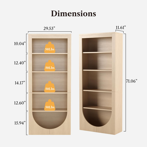 71" Tall Arched Bookcase – 5-Tier Open Wooden Bookshelf