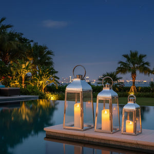 Silver Candle Lanterns Set of 3 – Stainless Steel & Tempered Glass