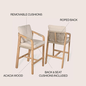 Acacia Wood Outdoor Bar Stools with Cushions & Armrests (Set of 2)