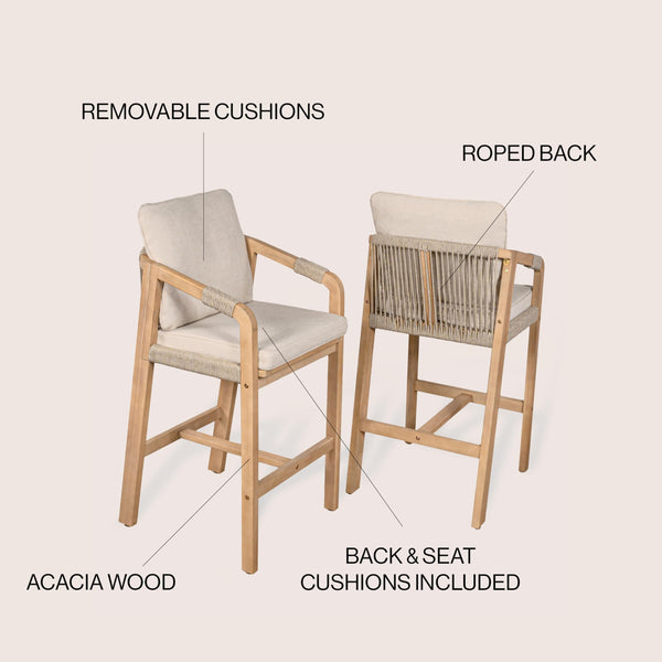 Acacia Wood Outdoor Bar Stools with Cushions & Armrests (Set of 2)