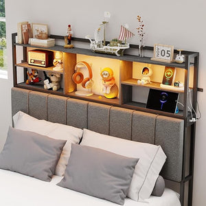 Tall Headboard with Storage Shelves, USB Charging & LED Light