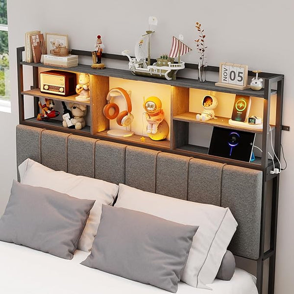 Tall Headboard with Storage Shelves, USB Charging & LED Light