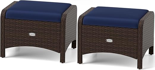 Outdoor PE Rattan Ottoman Set of 2 with Removable Cushions