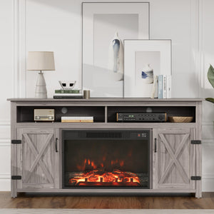 Fireplace TV Stand with Storage & Barn Doors – Grey