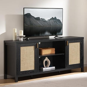 Rattan TV Stand with Storage Cabinets & Adjustable Shelves