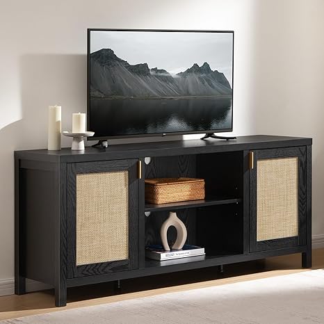 Rattan TV Stand with Storage Cabinets & Adjustable Shelves