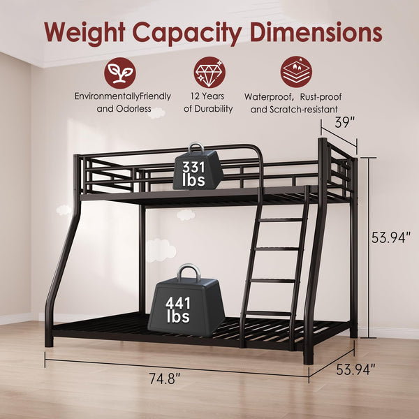 Metal Twin Over Full Bunk Bed with Stairs and Guardrails
