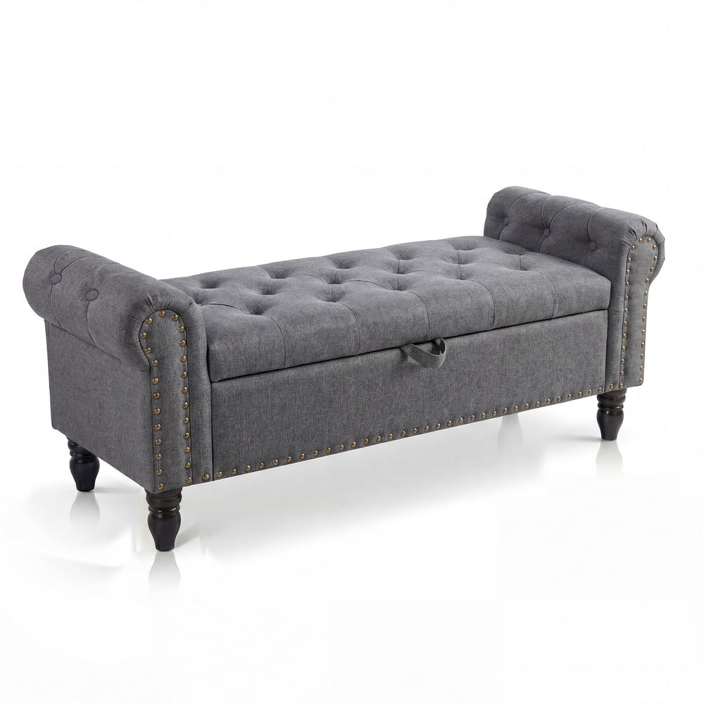 51" Upholstered Storage Bench | Button Tufted End of Bed Ottoman with Safety Hinge