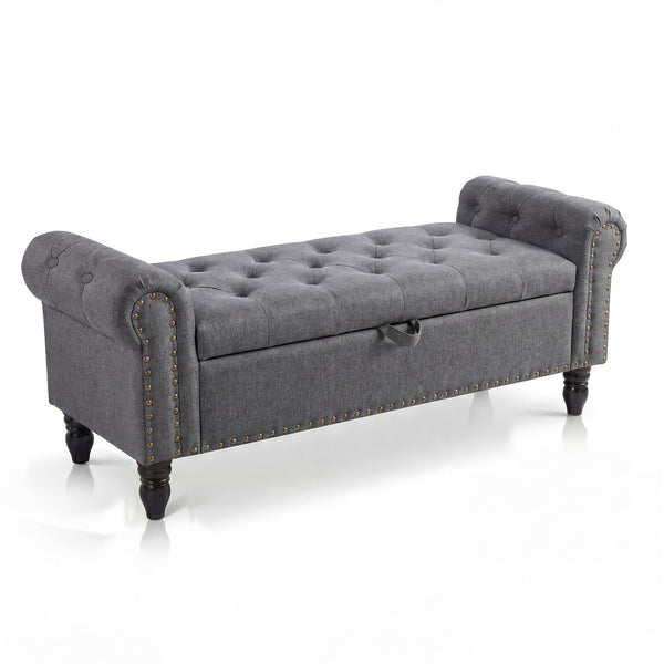 51" Upholstered Storage Bench | Button Tufted End of Bed Ottoman with Safety Hinge