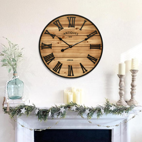 Farmhouse Wall Clock – Silent, Battery-Operated, Rustic Wood Finish