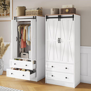 Farmhouse Wardrobe Armoire with Sliding Barn Doors & Drawers