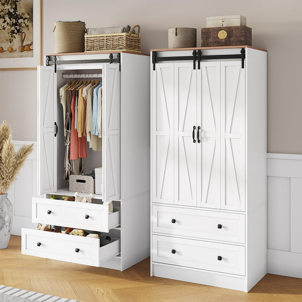 Farmhouse Wardrobe Armoire with Sliding Barn Doors & Drawers