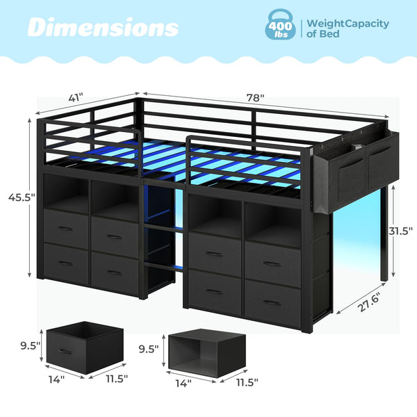 Twin Kids Loft Bed with Storage Drawers, Bookcase & LED Lights