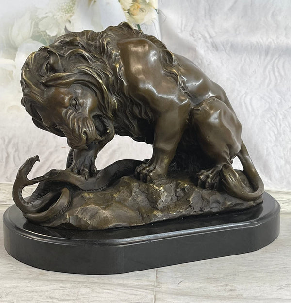 Lion and Snake Bronze Sculpture on Marble Base