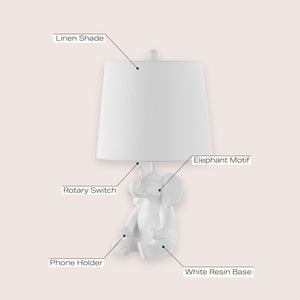 Elephant Kids Table Lamp with Phone Stand – Linen Shade, LED Bulb Included