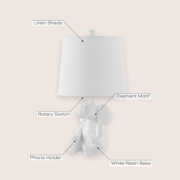 Elephant Kids Table Lamp with Phone Stand – Linen Shade, LED Bulb Included