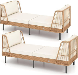 Outdoor PE Rattan Daybed Loveseat with Cushions & Metal Legs