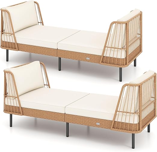 Outdoor PE Rattan Daybed Loveseat with Cushions & Metal Legs