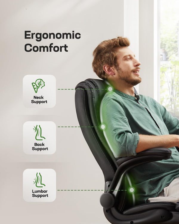 Ergonomic Executive Office Chair with Flip-Up Armrests & PU Leather