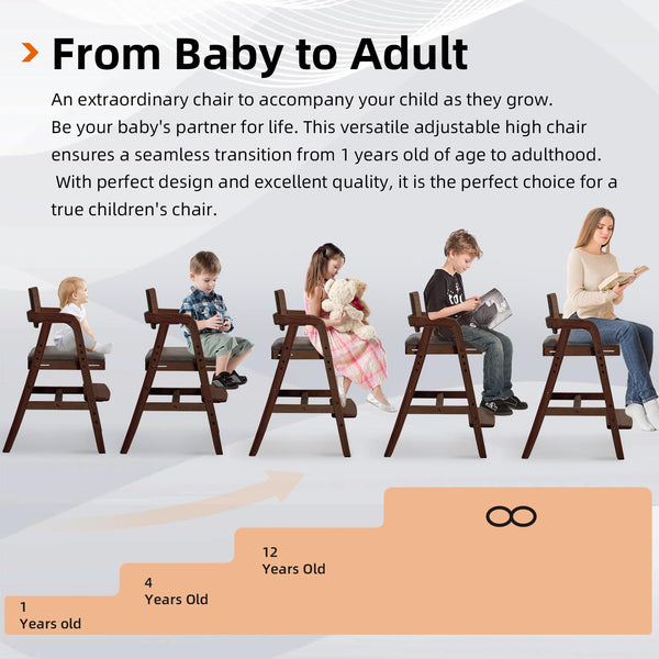 Adjustable Wooden High Chair for Toddlers & Babies
