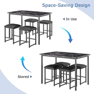 5-Piece Dining Table Set with Faux Marble Top & 4 PU Stools
