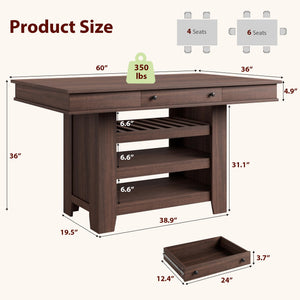 Counter Height Dining Table with Wine Rack & Storage Drawers