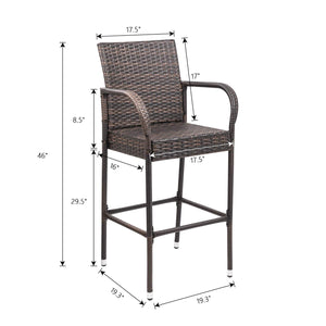 Outdoor Wicker Bar Stool Set with Footrest & Armrest (Set of 2, Brown)
