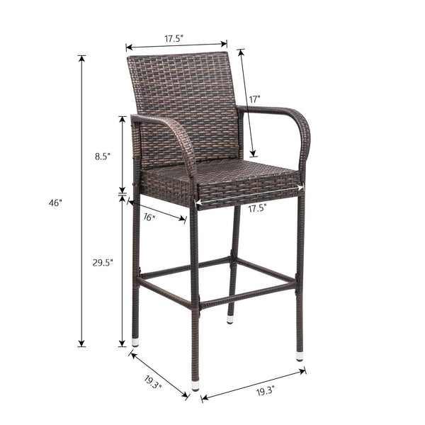 Outdoor Wicker Bar Stool Set with Footrest & Armrest (Set of 2, Brown)