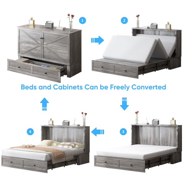 Queen Size Cabinet Murphy Bed with Tri-Fold Mattress & USB Charging