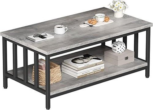 2-Tier Farmhouse Coffee Table with Slatted Sides & Metal Frame