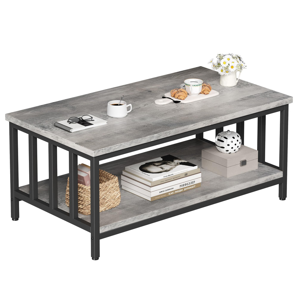 2-Tier Farmhouse Coffee Table with Slatted Sides & Metal Frame