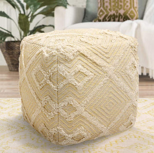 Square 100% Cotton Hand-Woven Pouf Ottoman – Yellow & Ivory