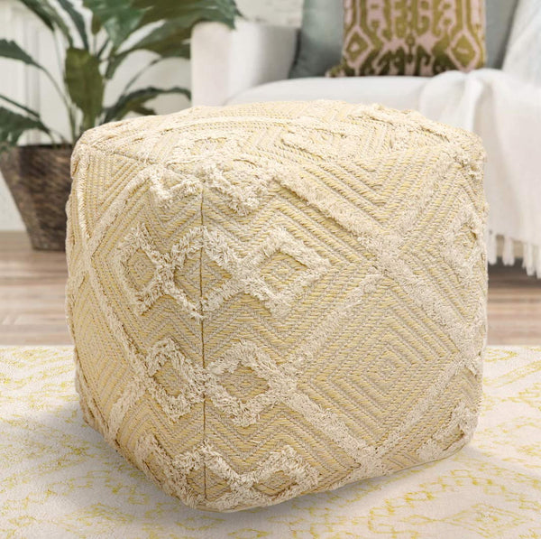 Square 100% Cotton Hand-Woven Pouf Ottoman – Yellow & Ivory