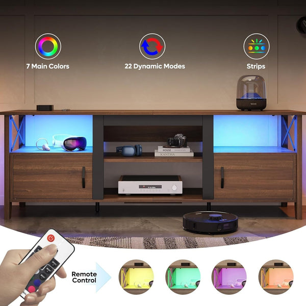 63-Inch Farmhouse TV Stand with LED Lights and Storage Cabinets