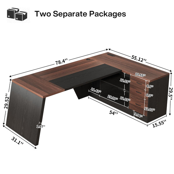 L-Shaped Executive Desk 78-Inch with Power Outlet & File Cabinet