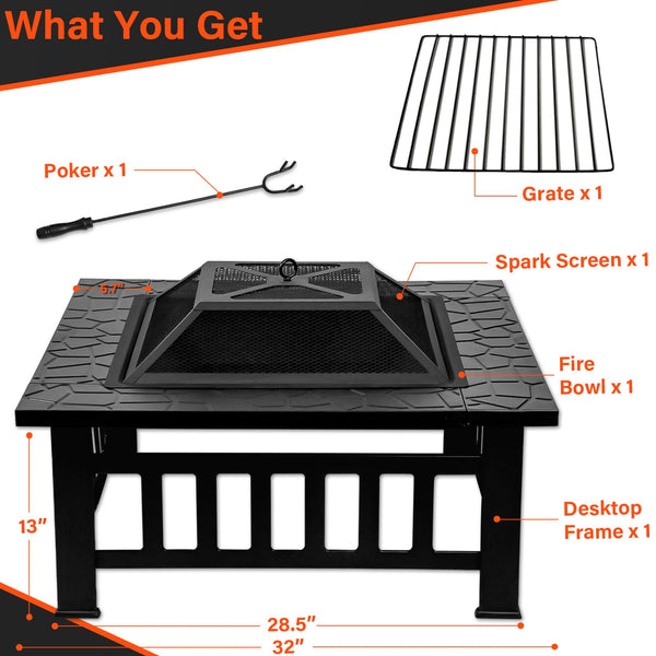 32-Inch Square Fire Pit with Spark Screen & Fire Poker