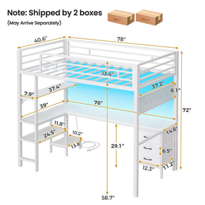 Twin Metal Loft Bed with L-Shaped Desk, LED Lights & Charging Station