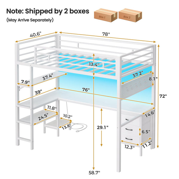 Twin Metal Loft Bed with L-Shaped Desk, LED Lights & Charging Station