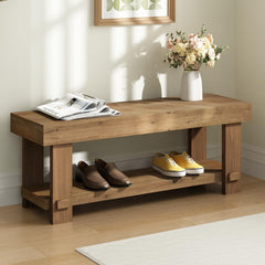 Solid Wood Farmhouse Entryway Bench with Storage Shelf