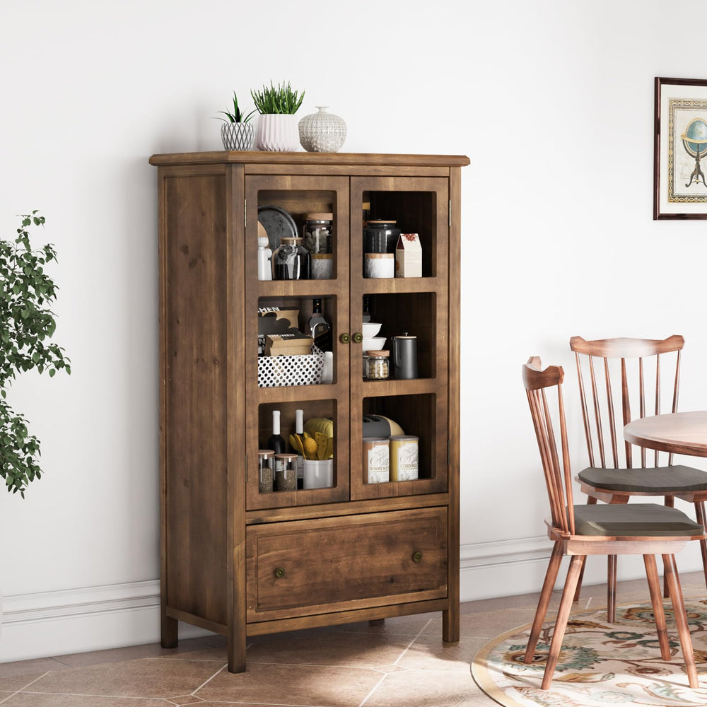 Glass Door Storage Cabinet with Drawer and Wood Legs