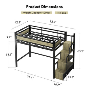 Twin Loft Bed with Storage Stairs & Drawers – Heavy Duty Metal