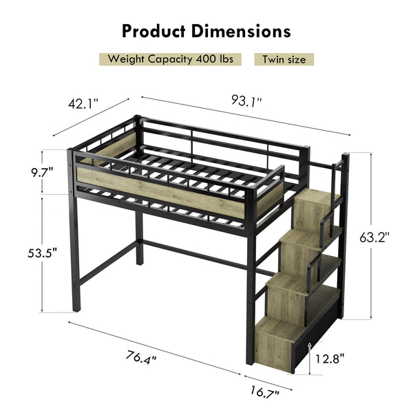 Twin Loft Bed with Storage Stairs & Drawers – Heavy Duty Metal