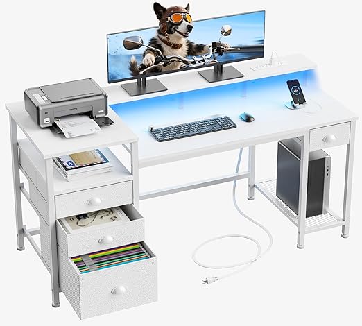 60-Inch Computer Desk with LED Lights, USB Charging, File Cabinet & Monitor Stand