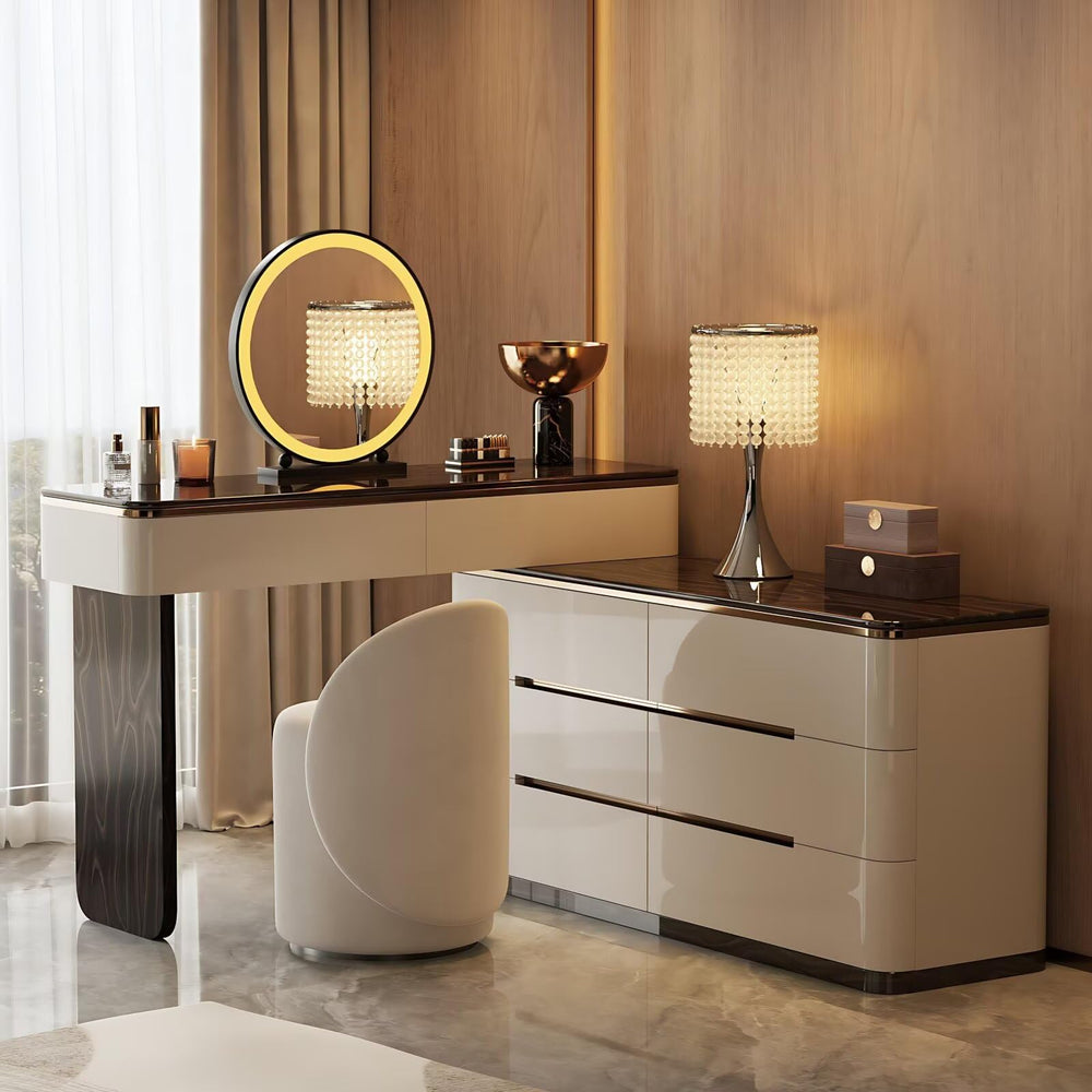 Modern Makeup Vanity Desk with LED Mirror, Stool & 8 Drawers