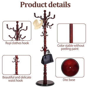Freestanding Wooden Coat Rack with 14 Hooks