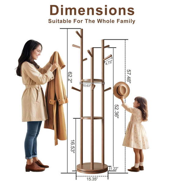 Rotating Wood Coat Rack with 3 Shelves and 9 Hooks