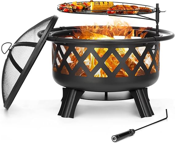 Round Wood Burning Fire Pit with BBQ Grill Grate
