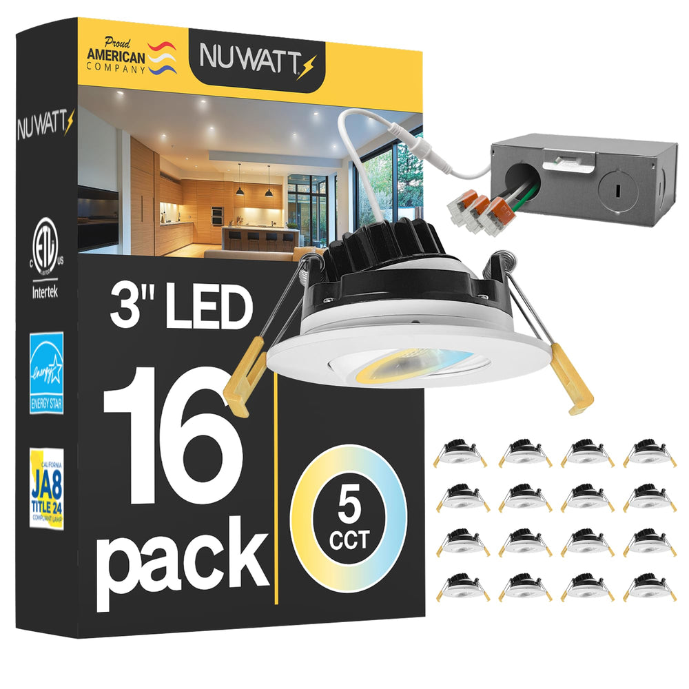 3-Inch Adjustable LED Gimbal Recessed Light – 5 CCT, Dimmable, Canless, 16-Pack